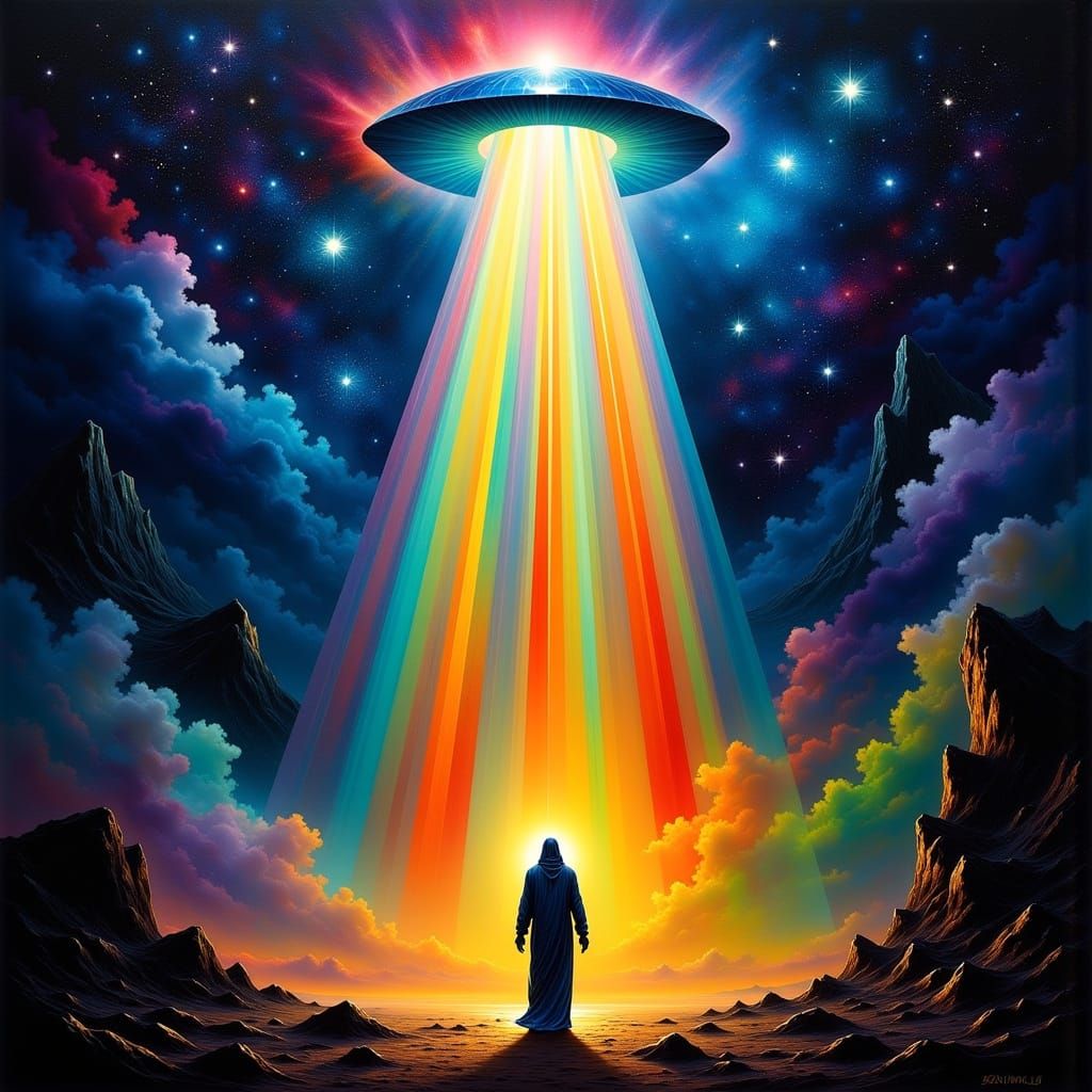 Surreal Prism Figure Descends in Rainbow Light