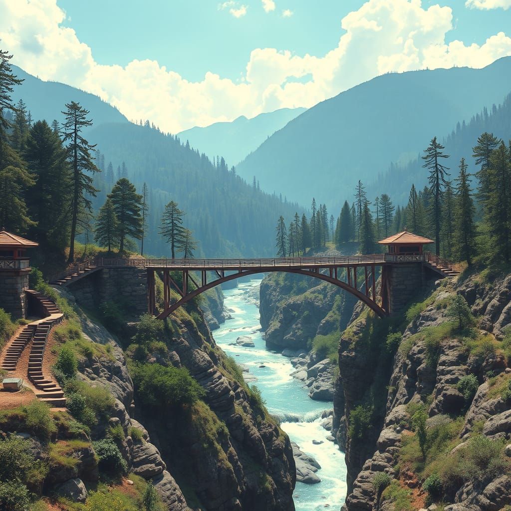 Surreal Psychedelic Bridge Over Majestic Gorge and River