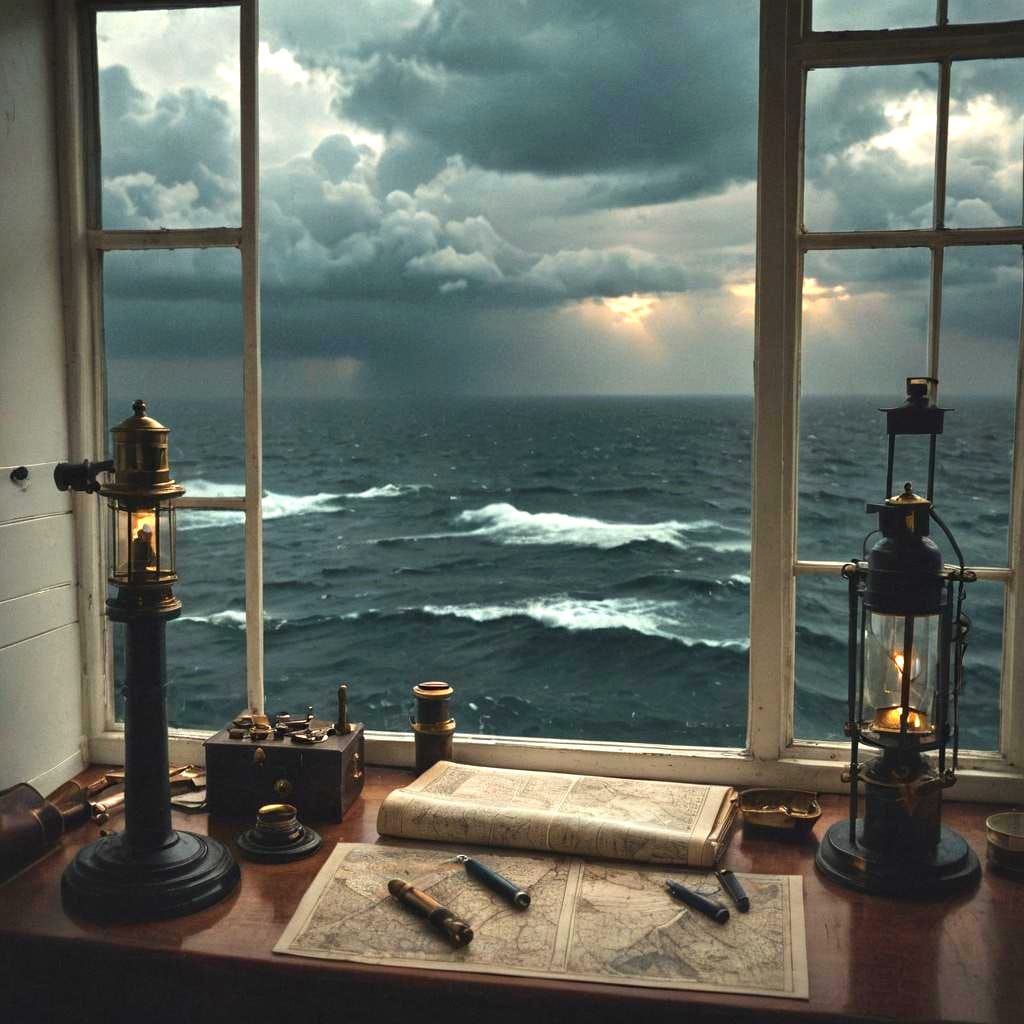 View looking out an open window from inside a tall lighthouse, overlooking the Atlantic, captains desk with nautical too...