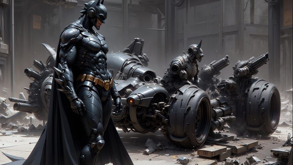 Batman Stands Heroically Beside his Battered Batmobile in a....
