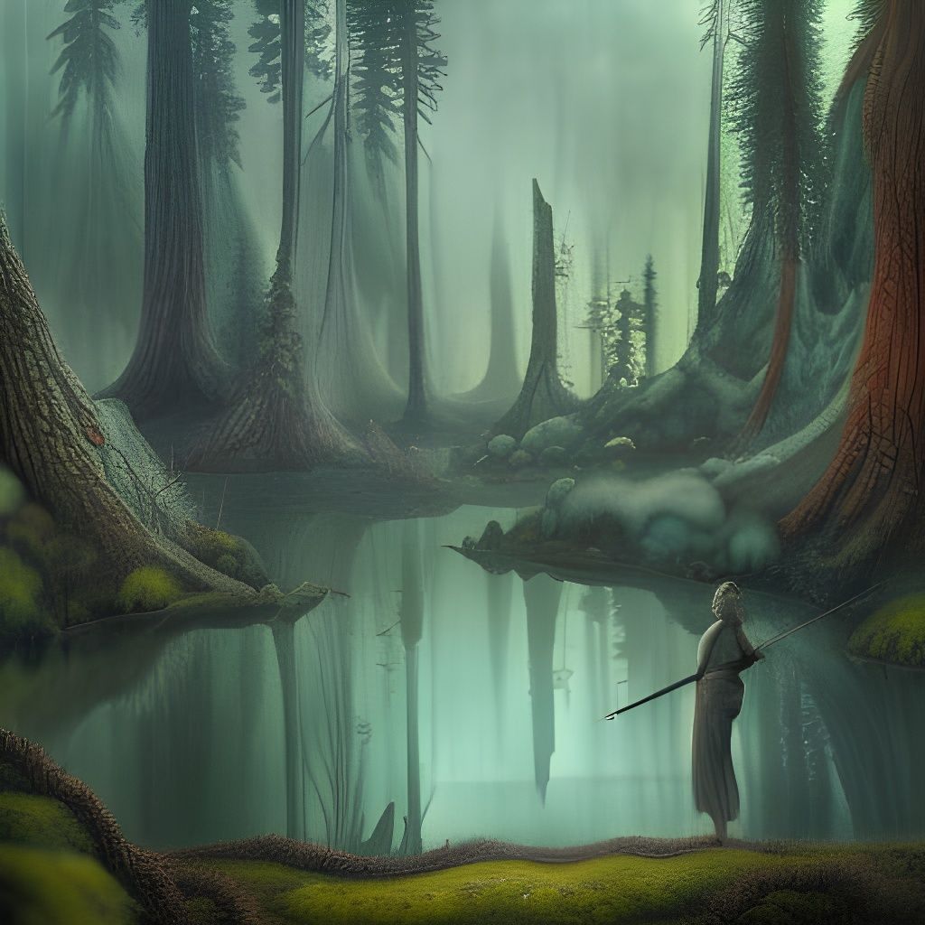 Trolls Fishing in a Mystical Forest, Art Illustration