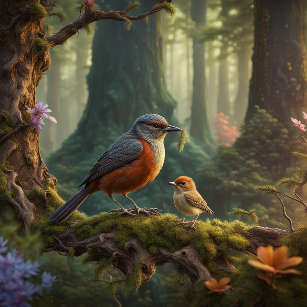 Woodland Bird and Baby in Fairy Forest: Vintage Style