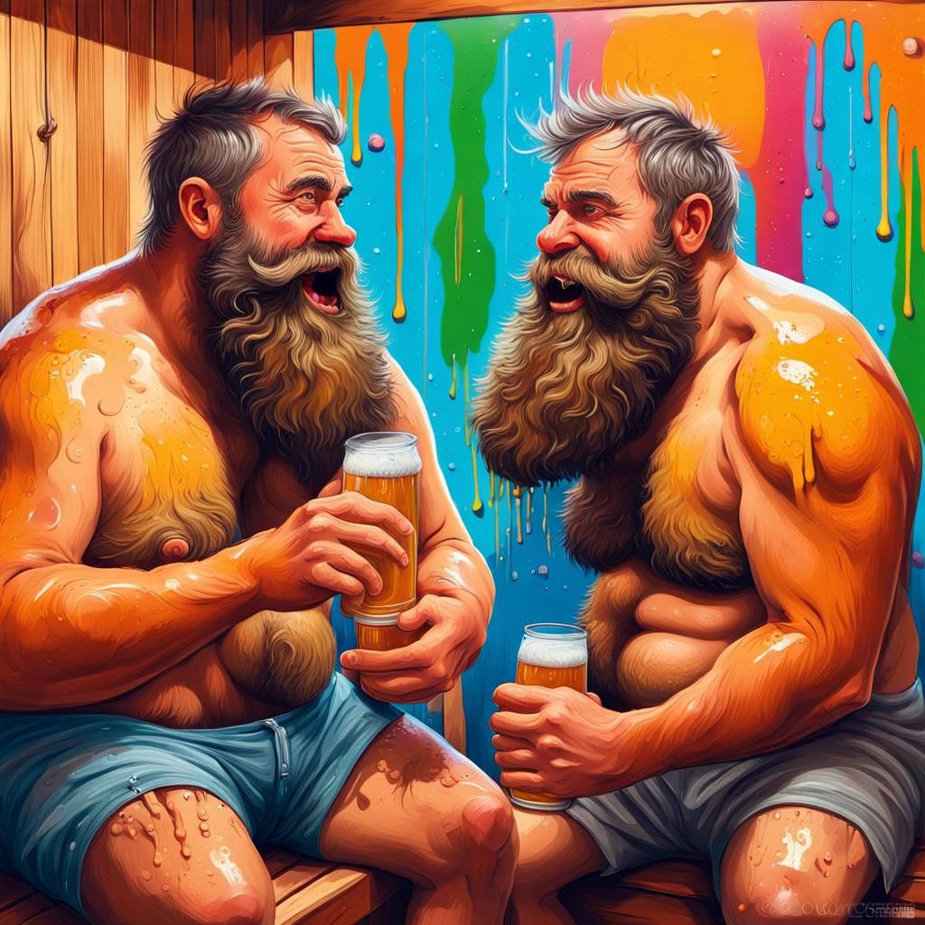 Burly Men Enjoying Sauna in Graffiti Art Style