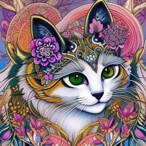 Intricate Flower Cat in Mythical Style