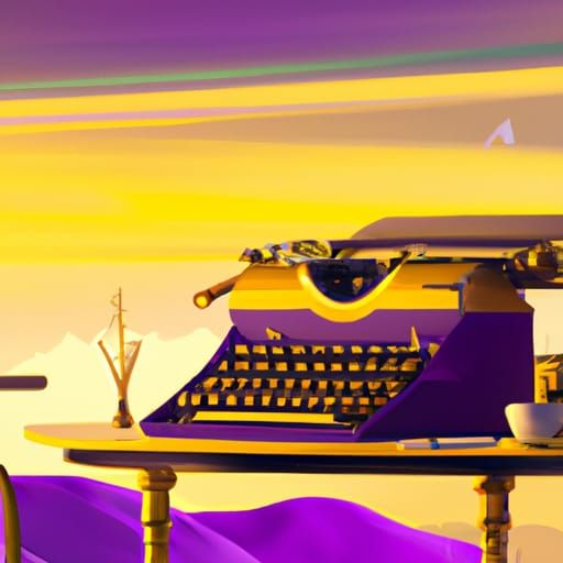 Typewriter on desk art deco fantasy gold purple yellow landscape trending on Artstation Wes Anderson