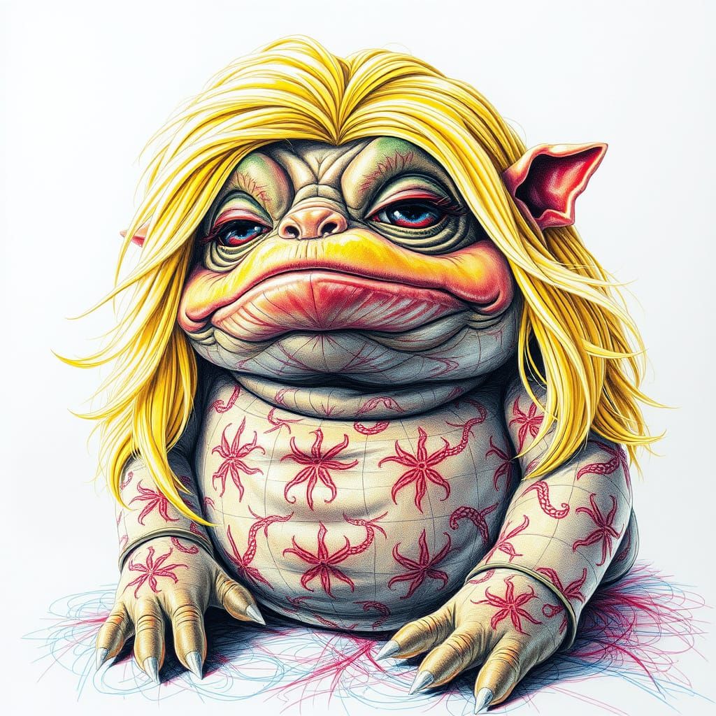 Hyperrealistic Plushie Jabba the Hutt Hobbit in a Blonde Wig