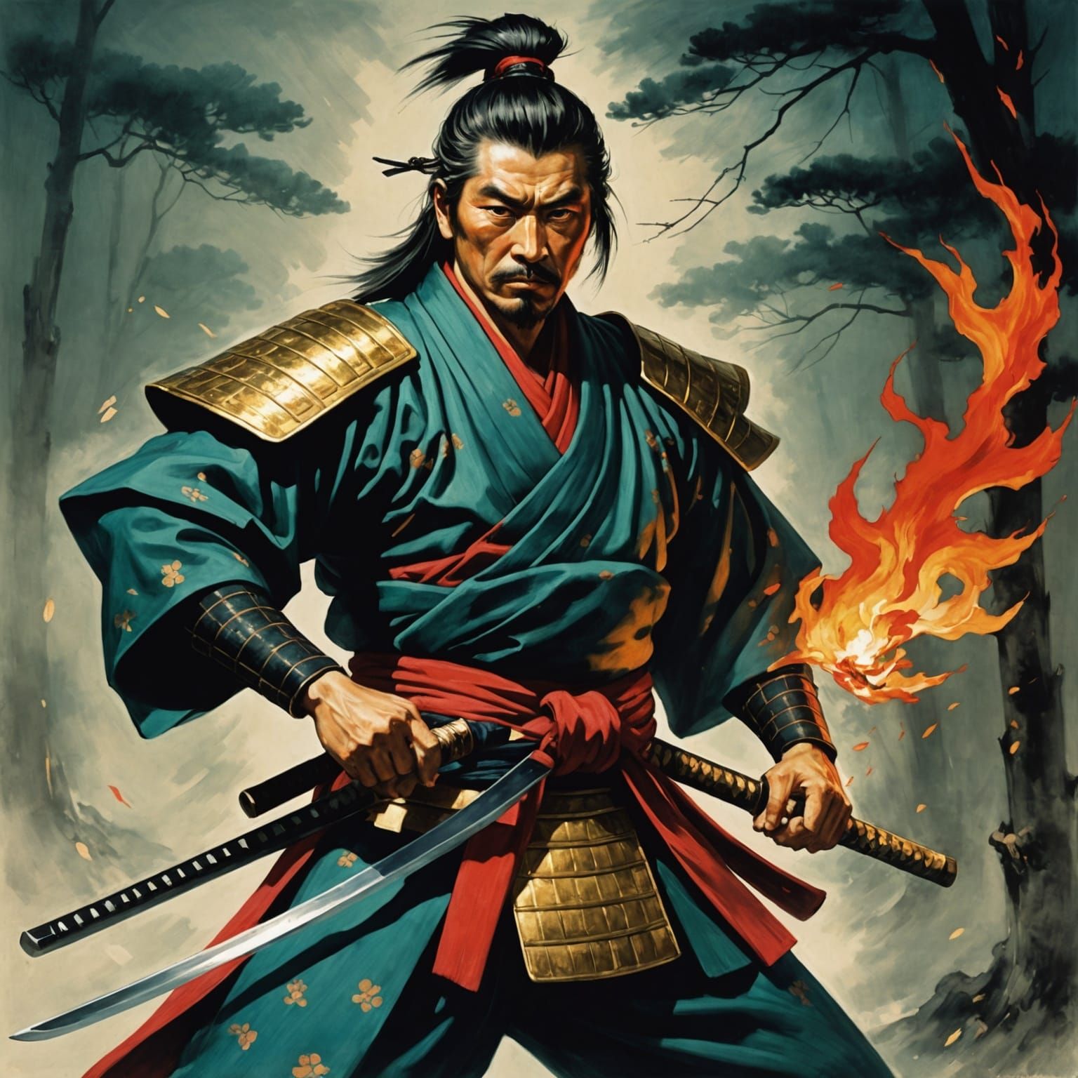 Samurai with Fiery Eyes in Golden Kimono