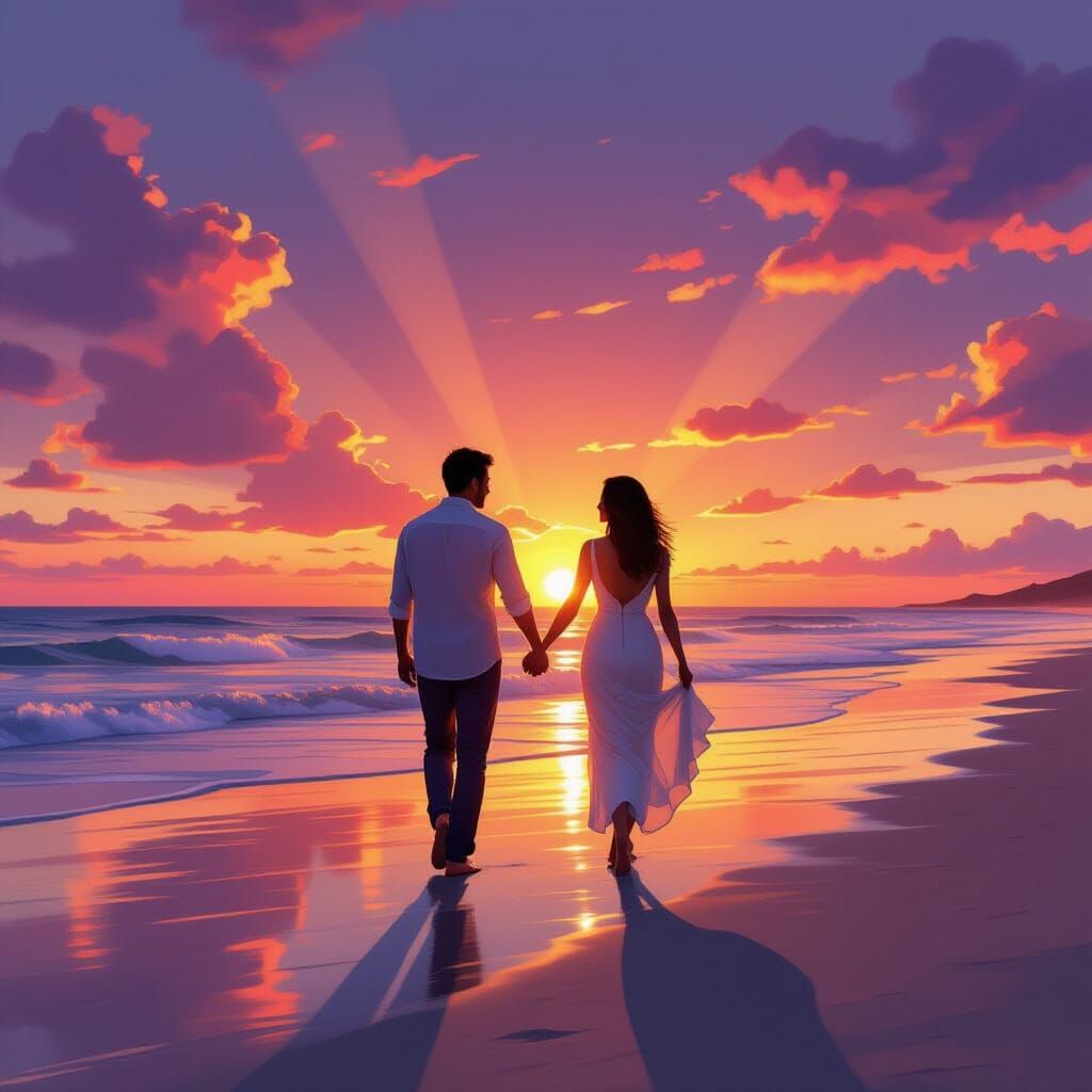 Couple Holding Hands on Serene Beach at Sunset