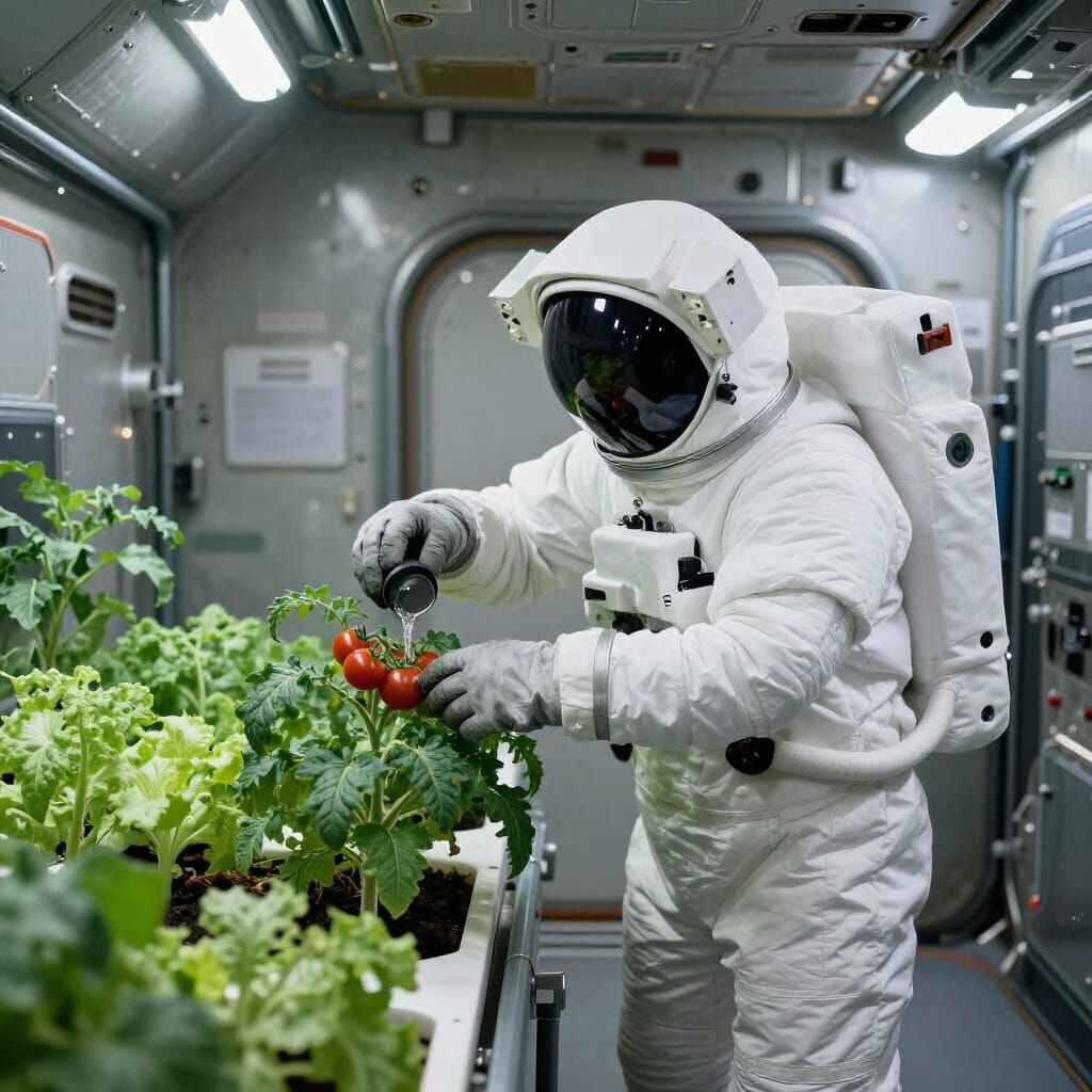 Astronaut Tends Hydroponic Garden in Spacecraft