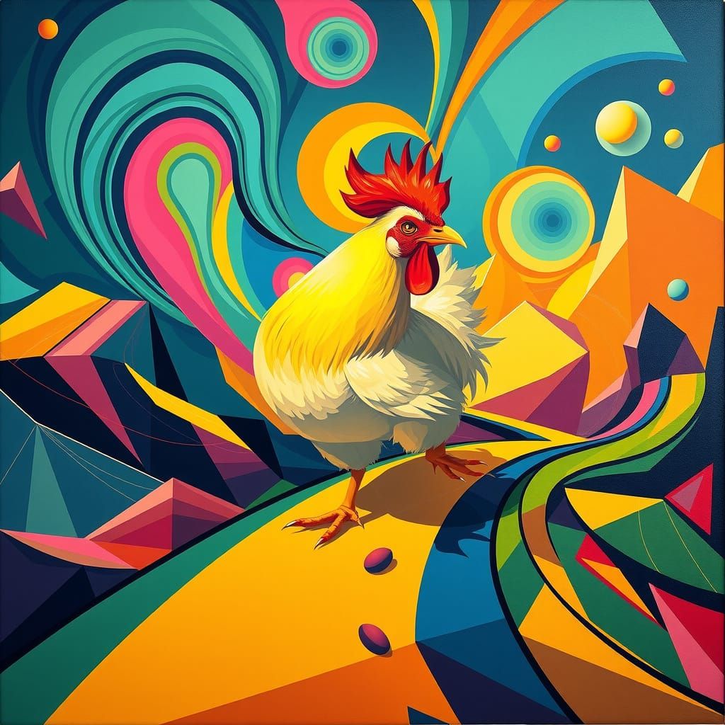 Vibrant Cubist-Inspired Chicken Dashes Across Road in Dynami...