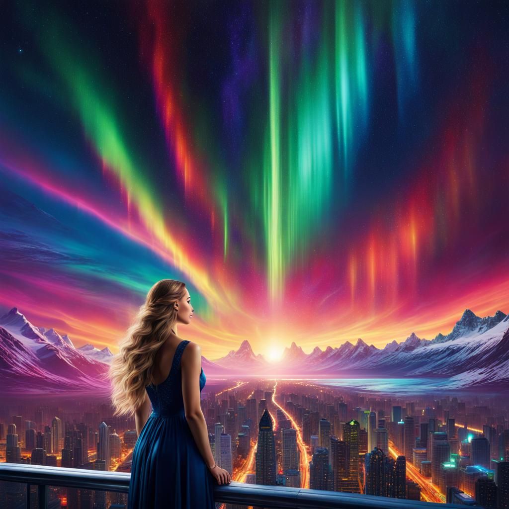 Vivid Cityscape Under Aurora Borealis with Luminous Woman