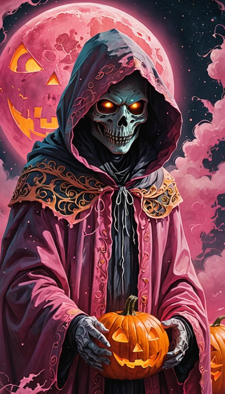 Ghost Figure with Pumpkin in Surreal Cosmic Scene