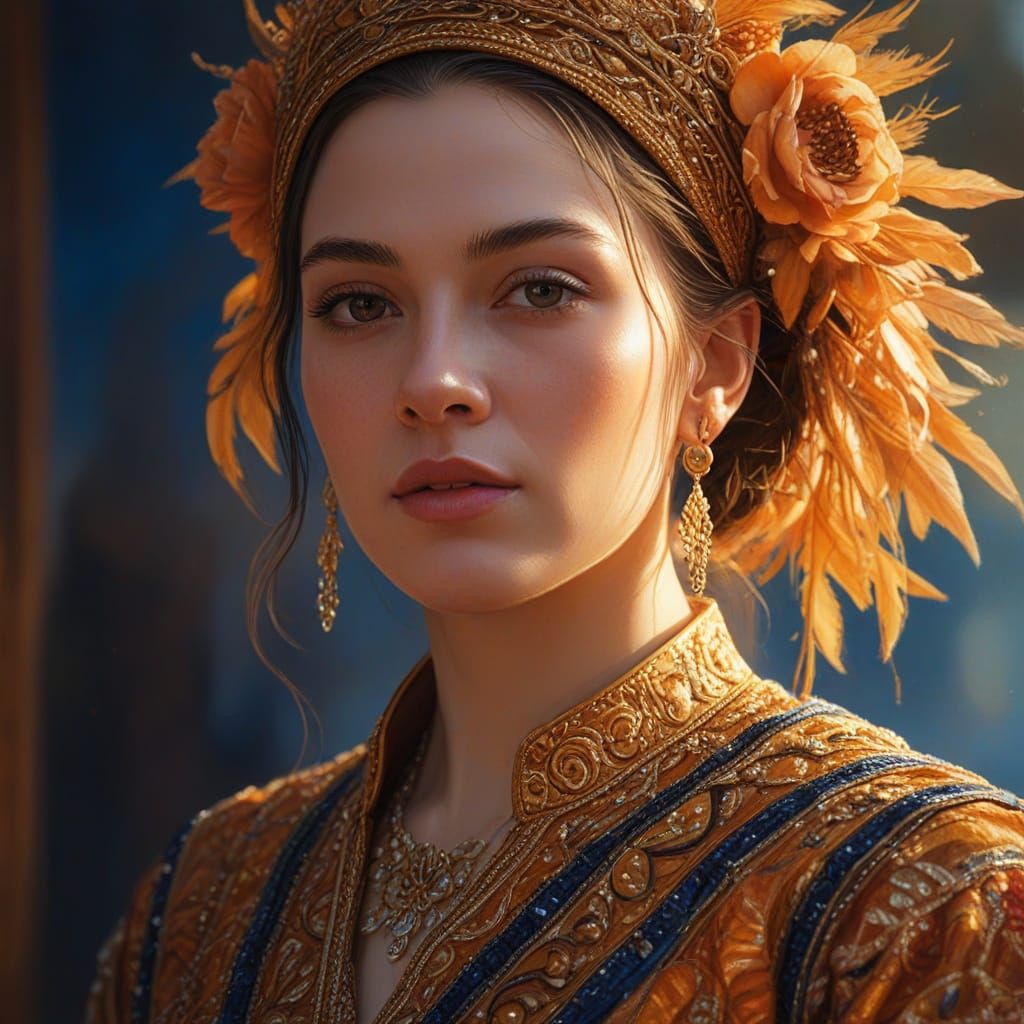 Woman in Intricate Clothing, Hyper-Realistic Oil Painting