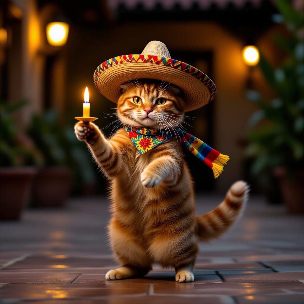Ginger Cat Dancing Cumbia in Sombrero