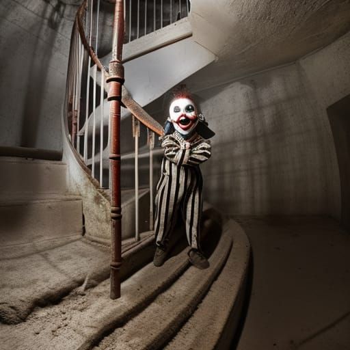 Creepy 1950s Clown Doll on Victorian Staircase