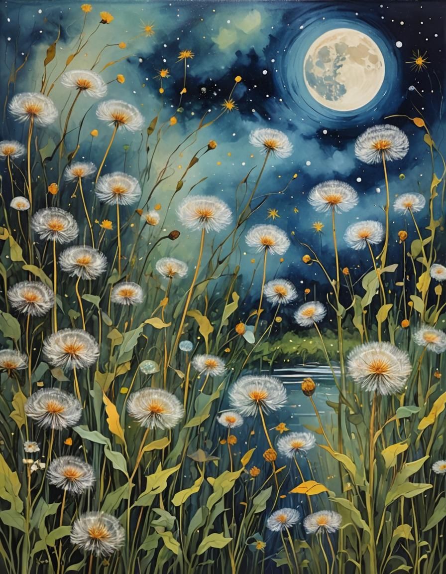 Dandelions in Reverse Glass Painting with Starry Night