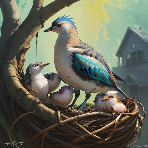 Graffiti Watercolour Nest with Mother and Babies