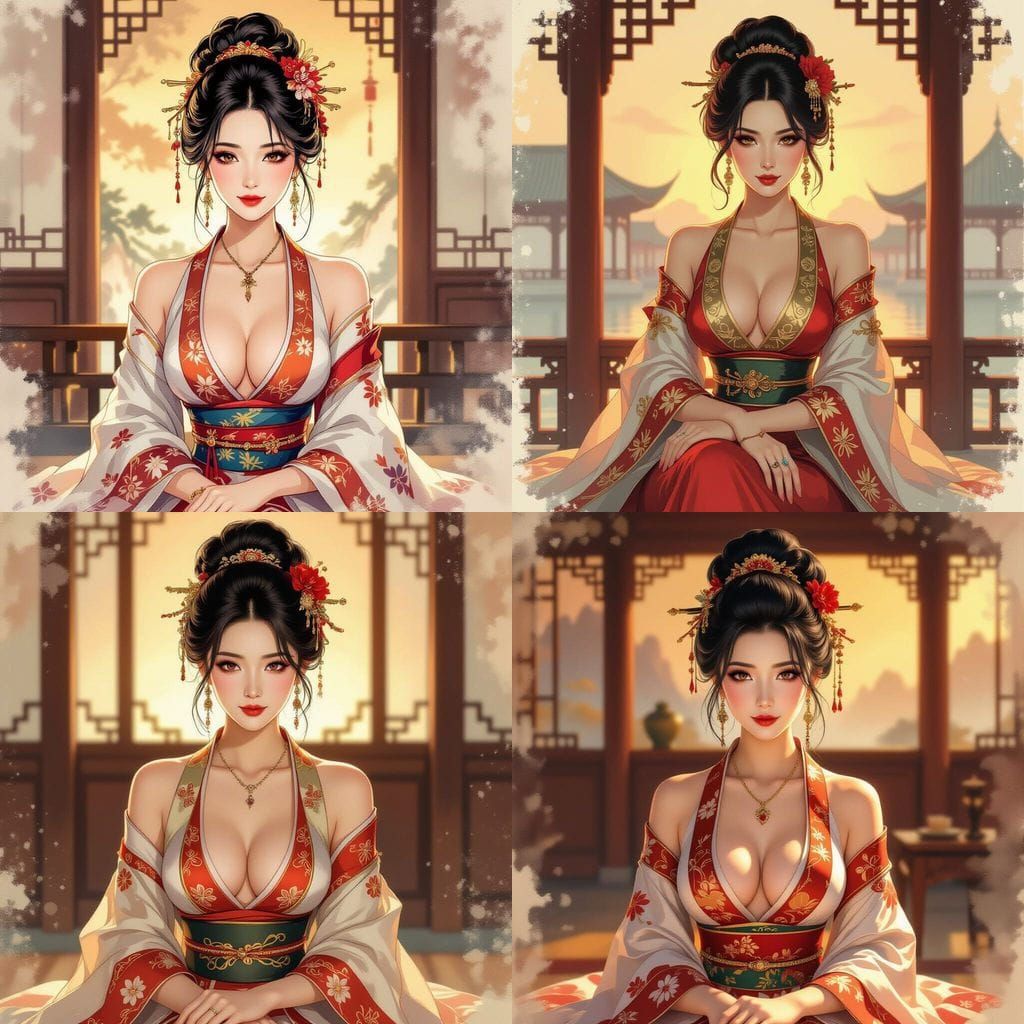 Anime Courtesan in Chinese Room with Watercolor Textures