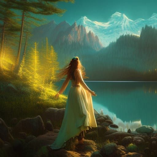 Cottagecore Goddess in Medieval Fantasy Landscape