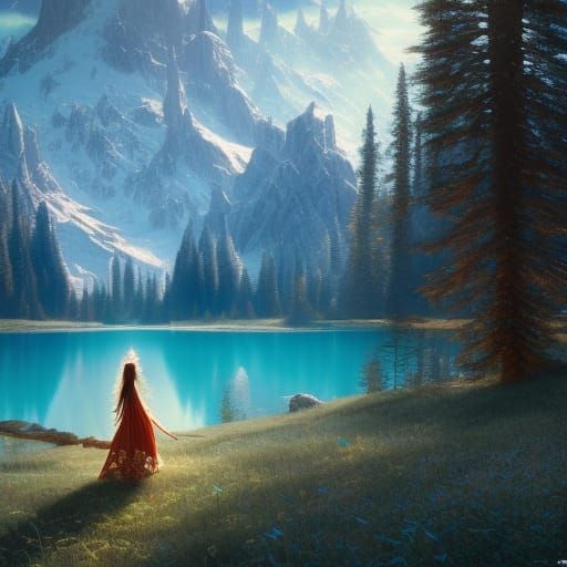 Cottagecore Goddess in Golden Forest Landscape