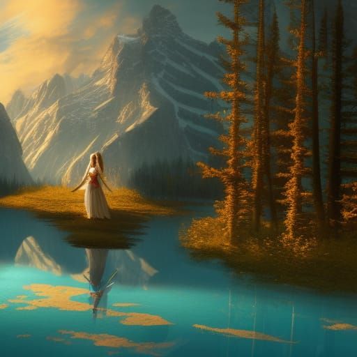 Medieval Flower Goddess in Golden Forest Landscape