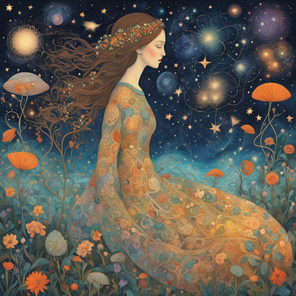 Filigree Woman Kisses Surreal Garden in Ethereal Glow
