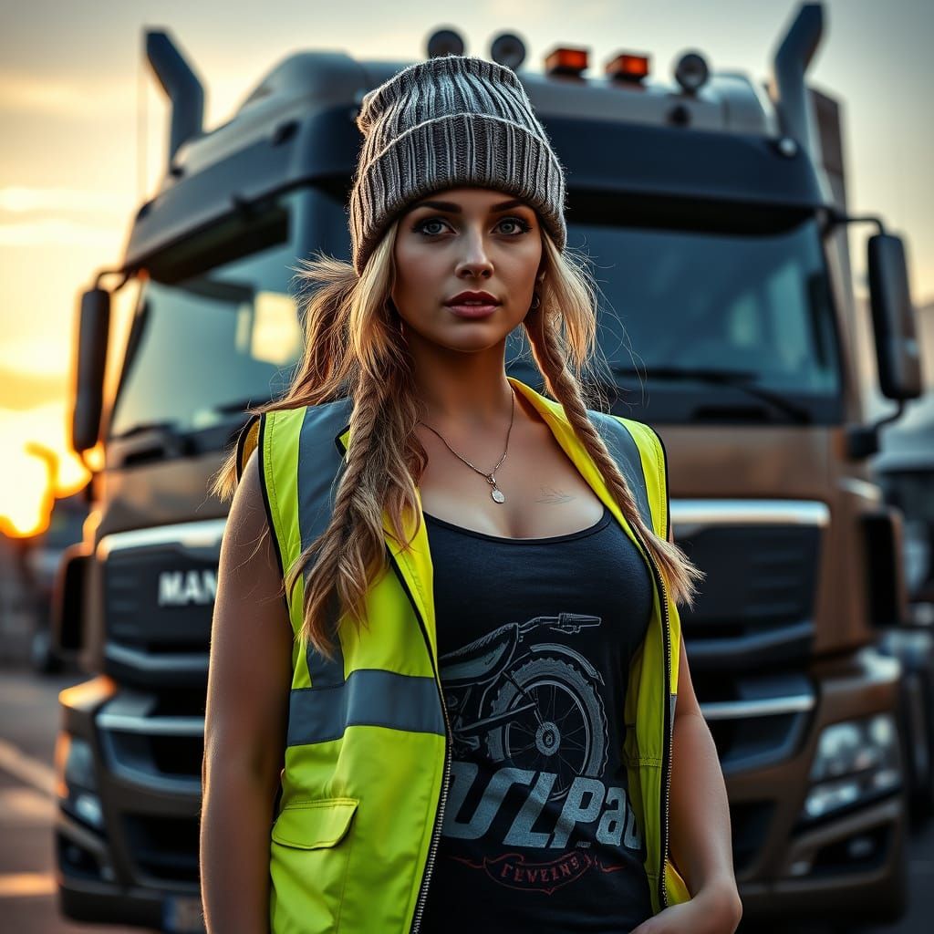 Female Trucker in High-Vis, Cinematic Sunset
