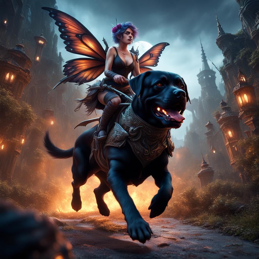 Evil Fairy Rides Rottweiler: Detailed Matte Painting