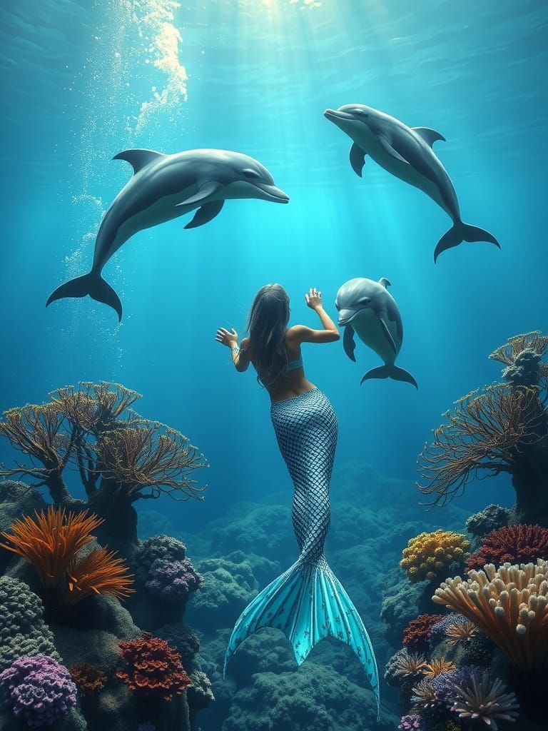 Mermaid Enjoys Playtime with Dolphins in Vibrant Coral Reef ...