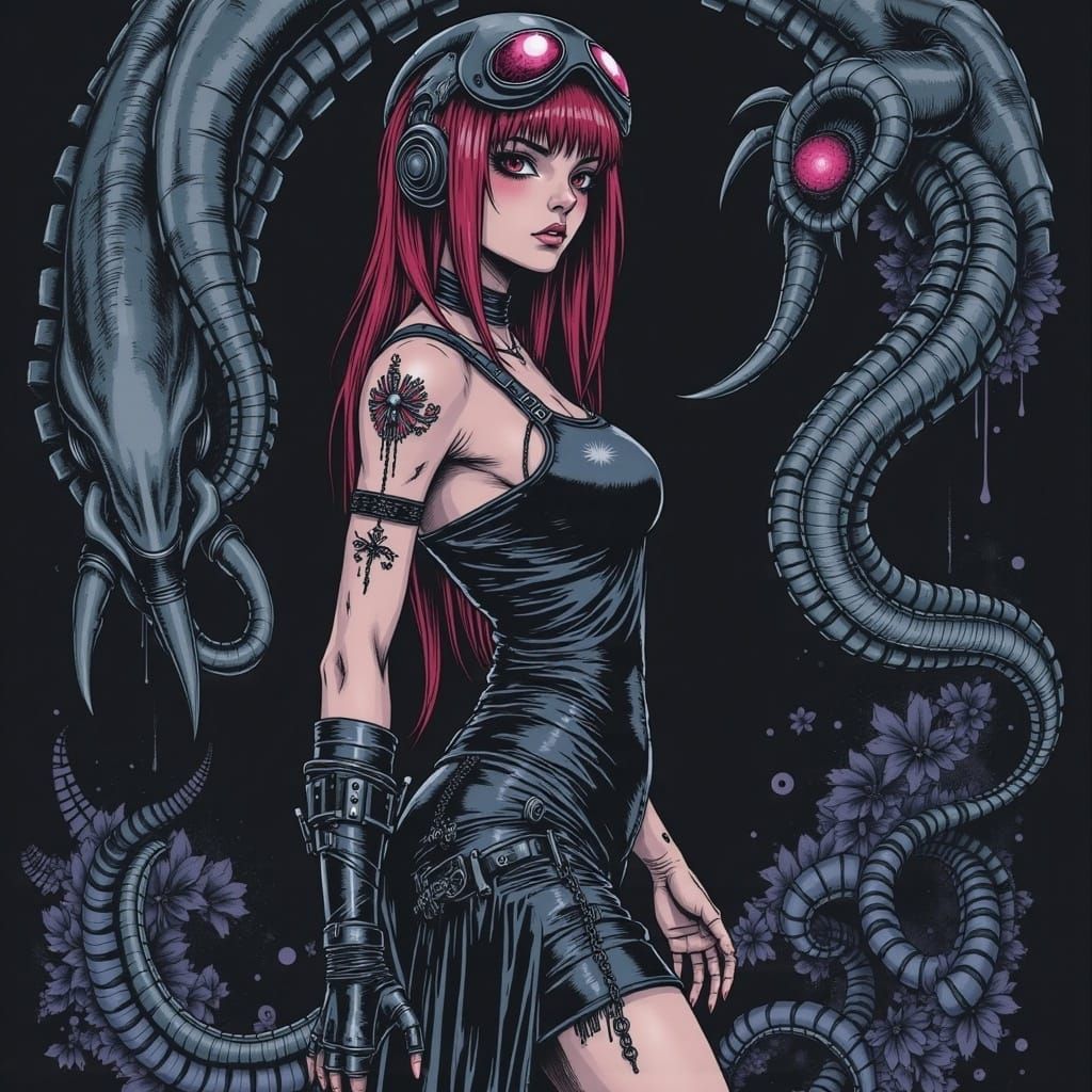 Cyborg Woman in Paisley Dress, H.R. Giger Style