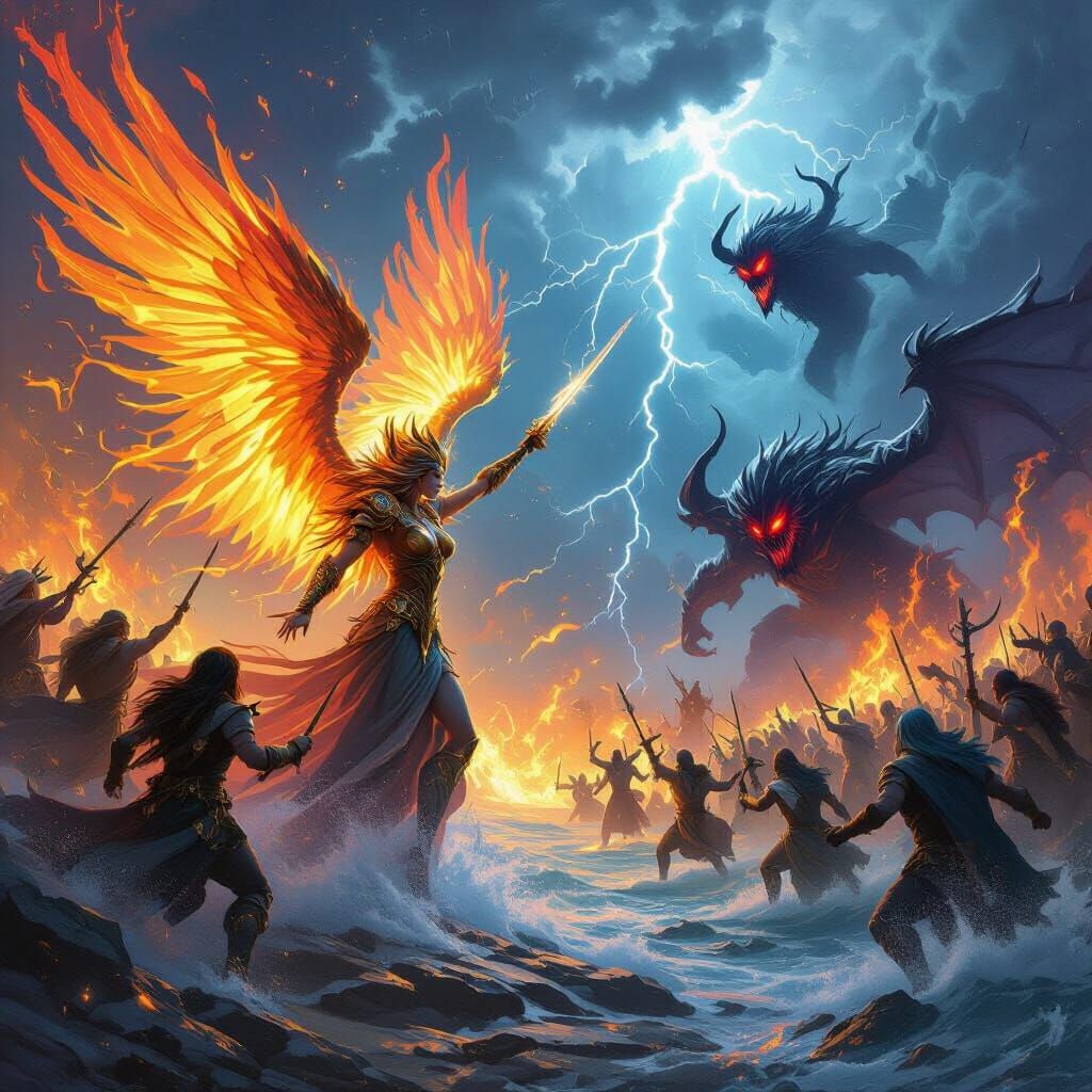 Epic Fantasy Battle: Phoenara's Fiery Charge