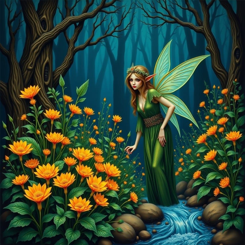 Enchanted Forest Fairy Elf Tending to Vibrant Garden
