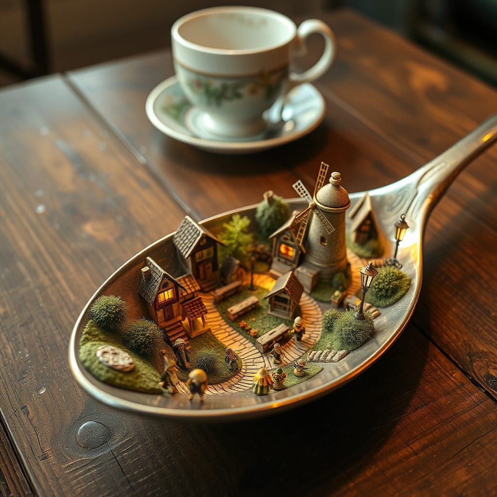 Whimsical Village in a Silver Spoon