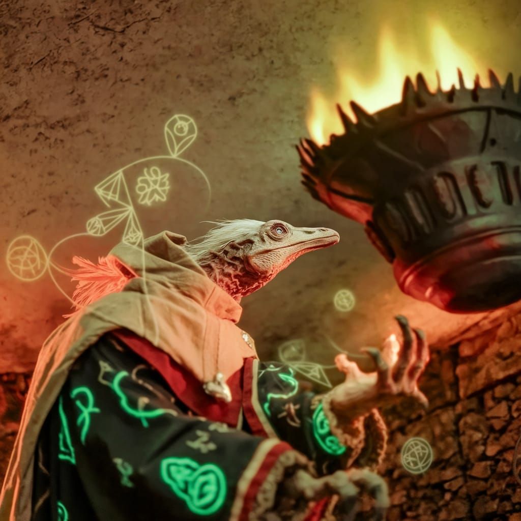 Feathered Dinosaur Wizard in Torchlit Temple