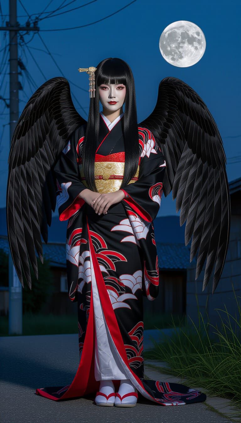 Japanese Tengu Woman with Black Wings in Realistic Photograp...
