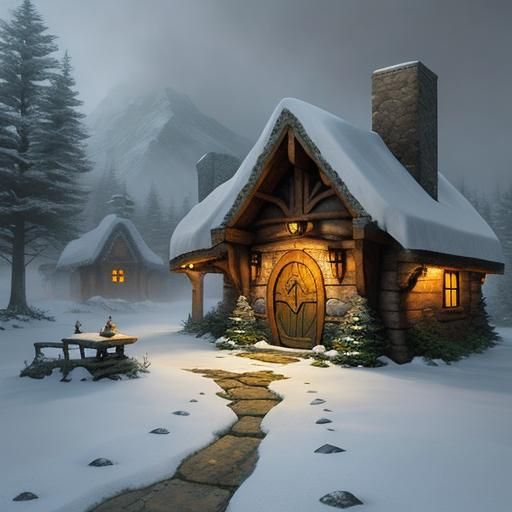 Snowy Hobbit House in Middle Earth: Kinkade Style