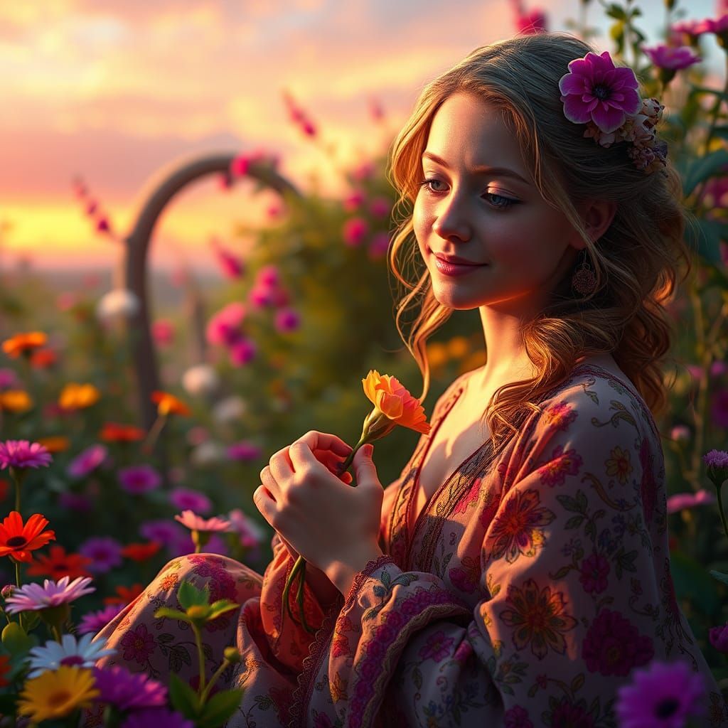 Woman in Floral Dress in Whimsical Garden