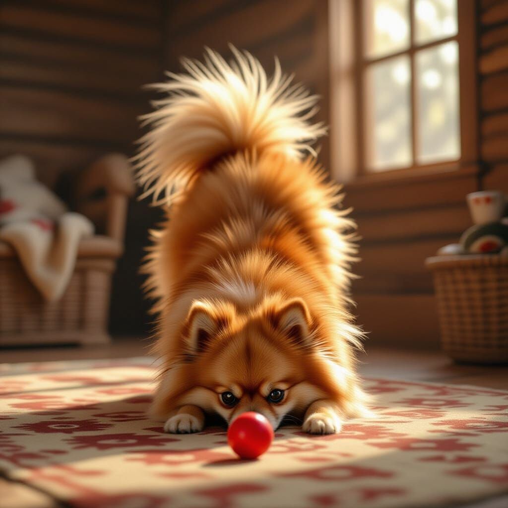 Playful Pomeranian Dog in Den with Ball