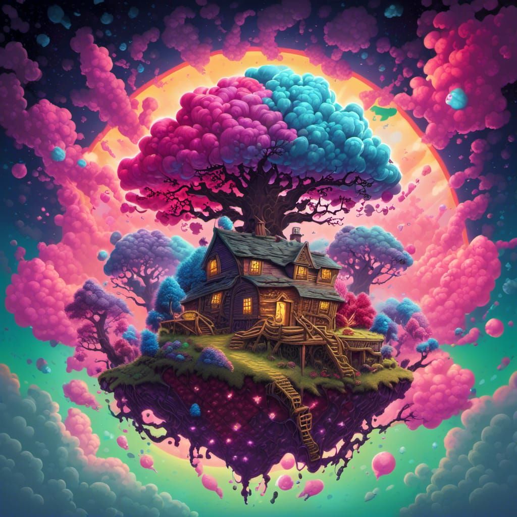 Yggdrasil Bonsai Double Exposure with Sunset and Crystals