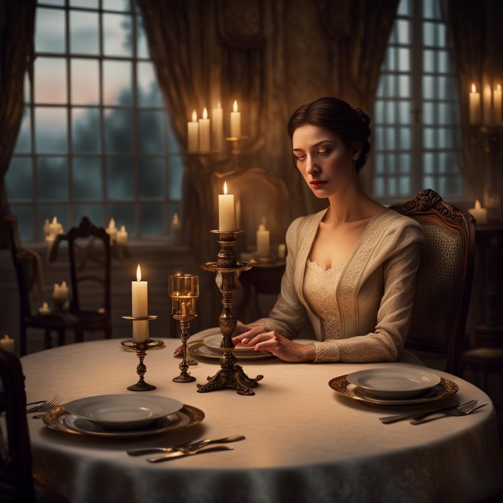 Lonely Woman at Candlelit Dinner, Digital Painting