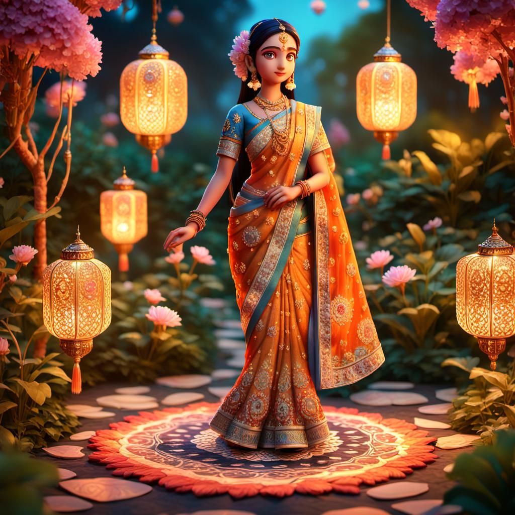 Radha in Traditional Indian Dress, 3D Anime Art