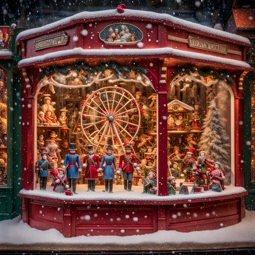 Christmas Toyshop Window in Winter Snowstorm