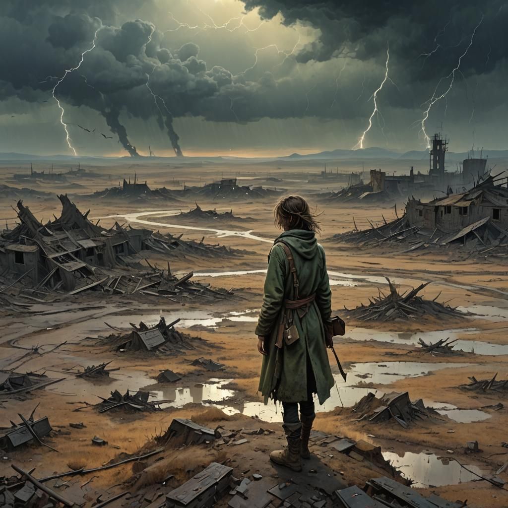 Post-Apocalyptic Woman in Gritty Impressionist Landscape