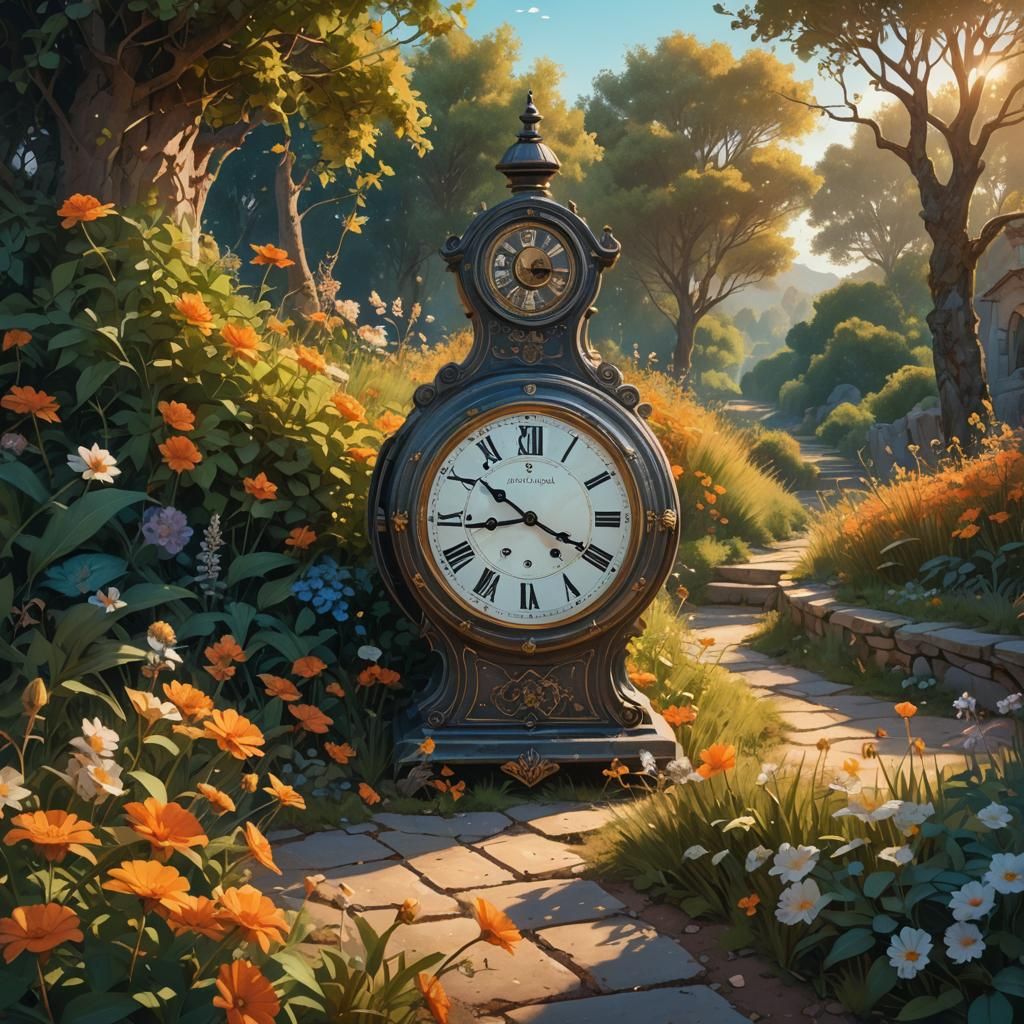 Golden Hour Clock Amidst Flowers: Cinematic Landscape