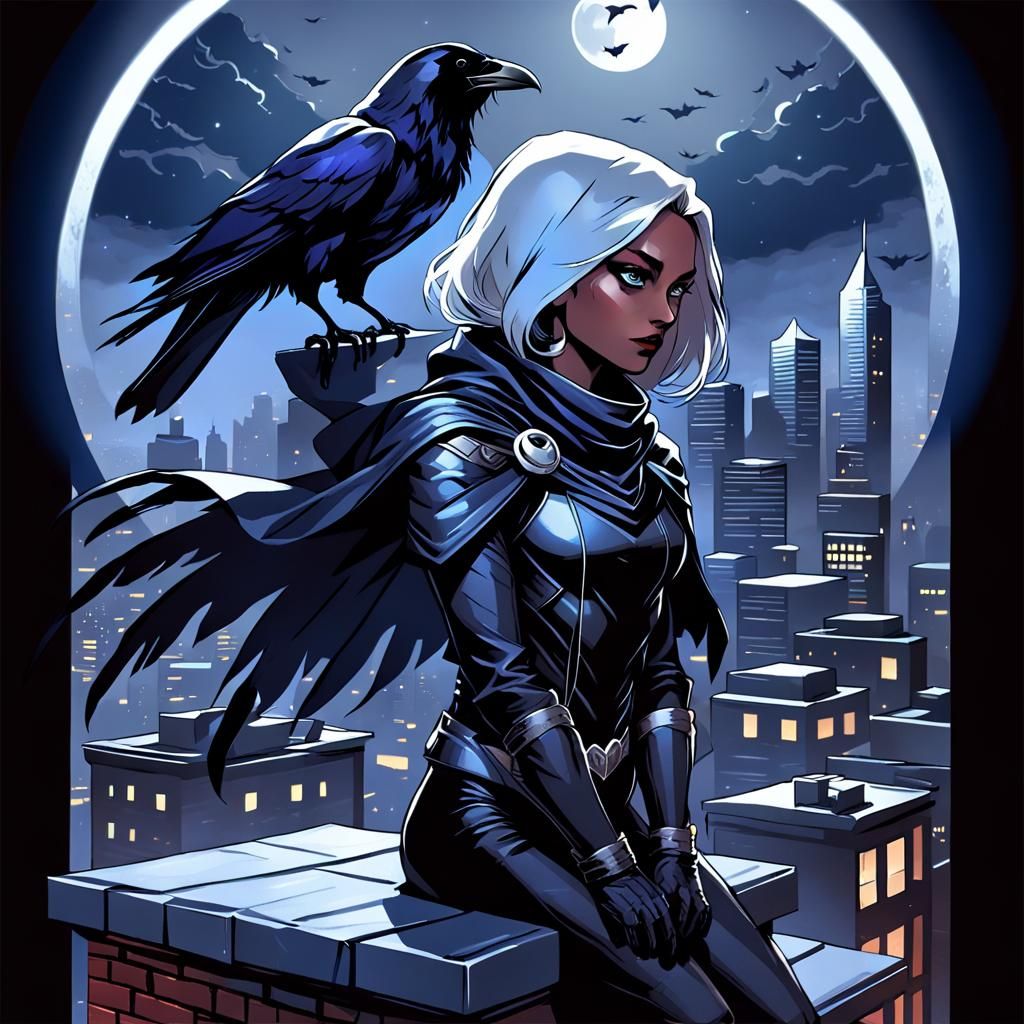 Superheroine with Raven in Dark Fantasy Gotham Noir