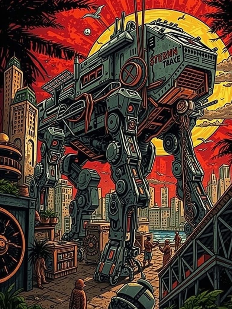 Colossal Cybernetic Walker in Jungle Metropolis