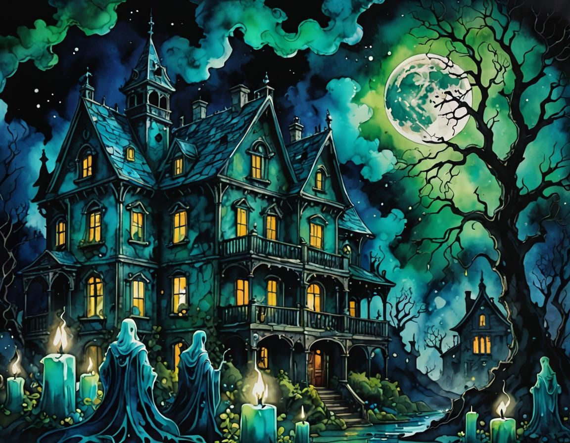 Ghosts Haunt Ruined Mansion in Inkpunk Alcohol Ink Style