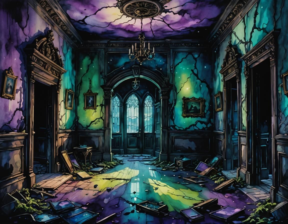 Ethereal Ghosts in Ruined Mansion: Mystic Illustration