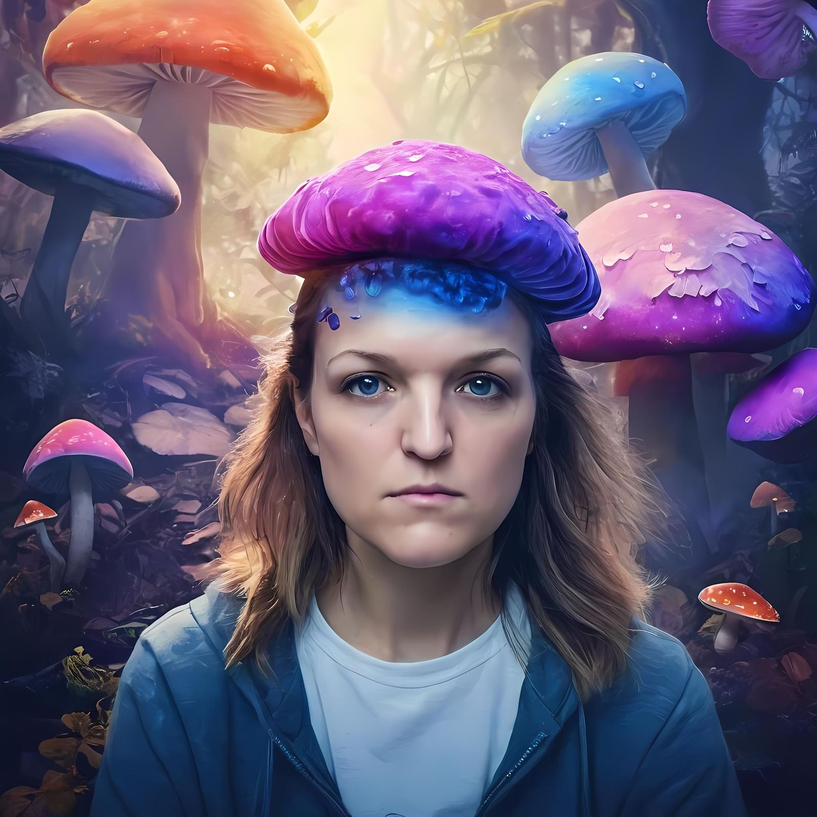 Woman on Mushroom in Mystical Fantasy World