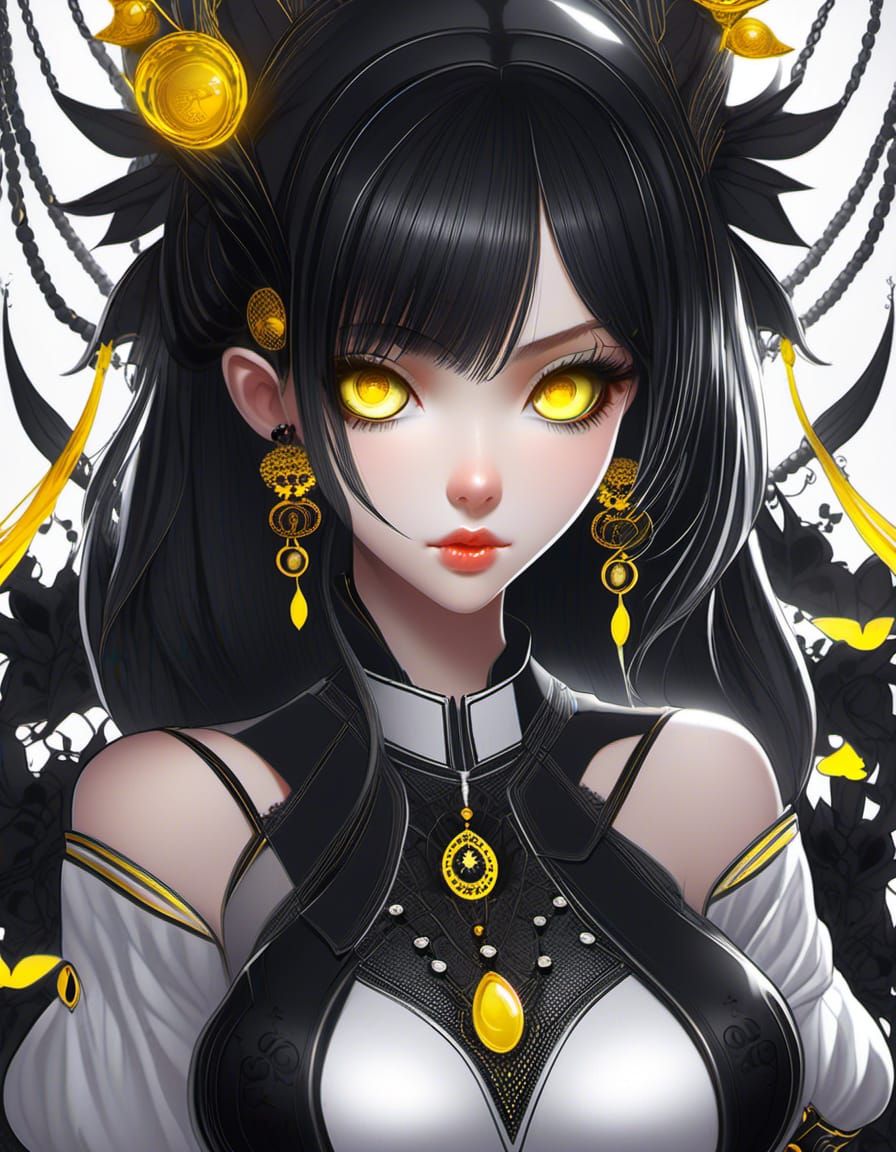 Cute Goth Girl, Black and White Hair, Yellow Eyes, White and Black Clothes, by artist "MAPPA", Half Portrait, Anime, Man...